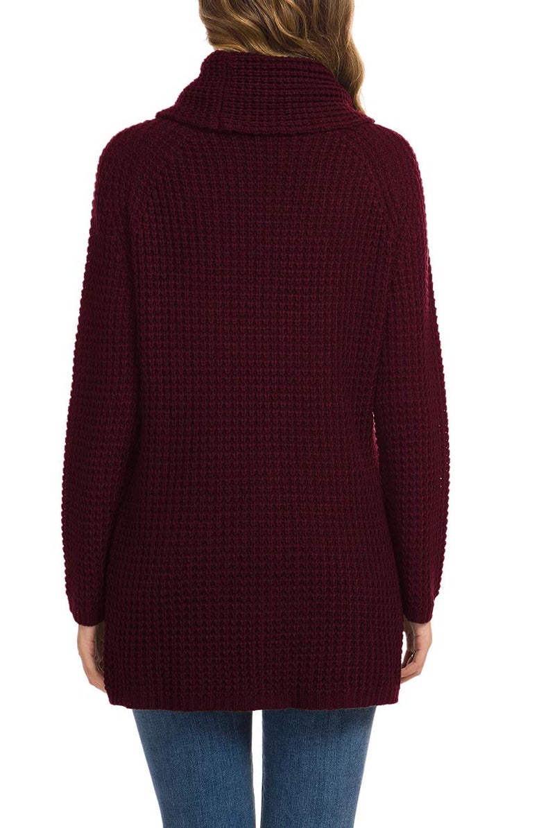 GRECERELLE Women's Fall Chunky Turtleneck Long Sleeve Asymmetric Hem Loose Knit Pullover Sweaters Tops, Wine Red, M - Image 4